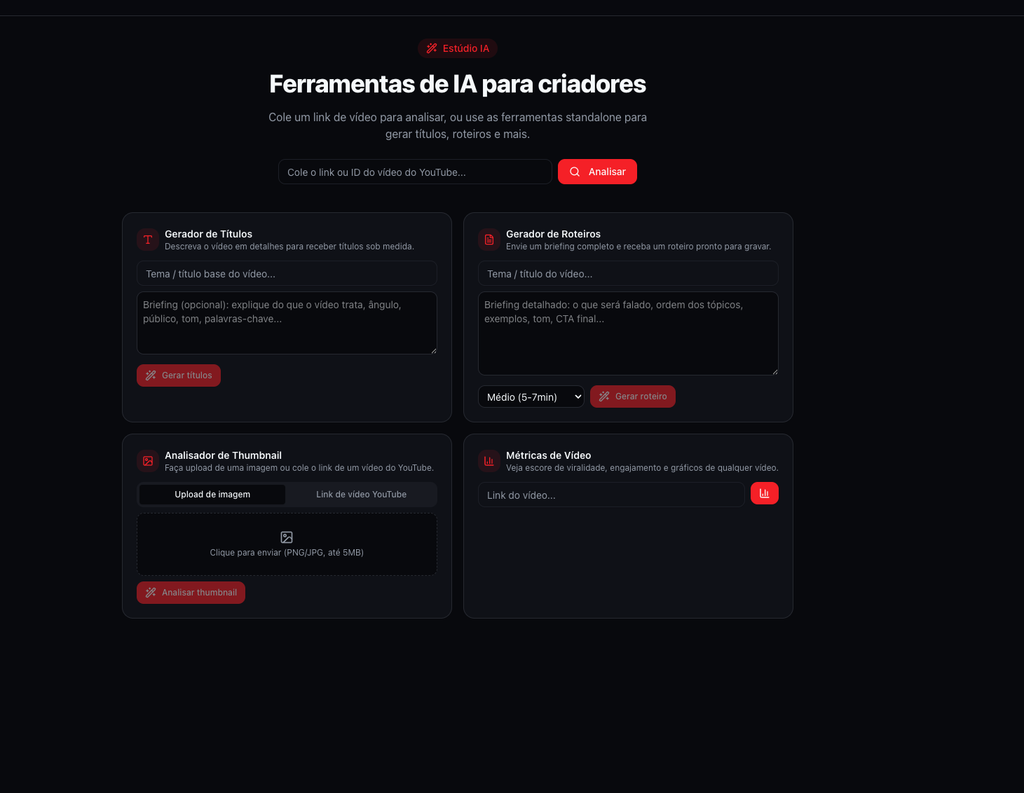 Títulos, roteiros, thumbnails e análise — tudo em um lugar.